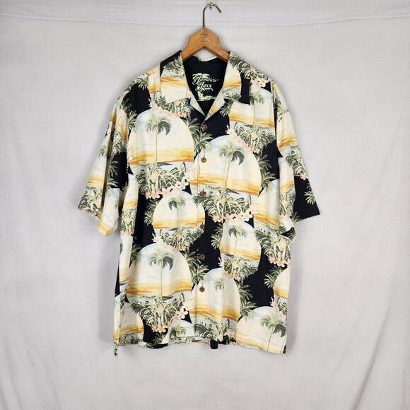 Jamaica Jaxx Silk Shirt Mens L Tan Black Green Tropical Hawaiian  Short Sleeve - Picture 1 of 7